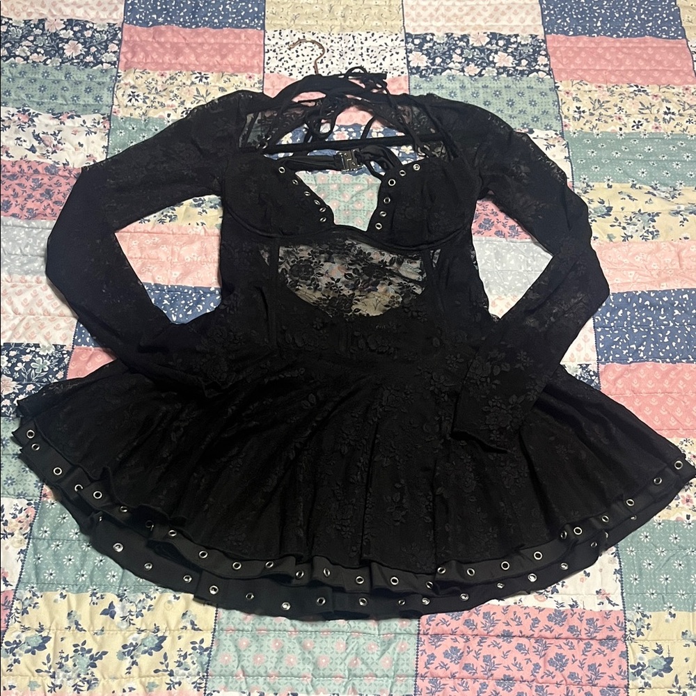 Black Lace Gothic Skater Dress with Eyelet Trim
